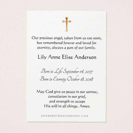 Baby-katholieke herdenkingsplechtigheid voor de He Visitekaartje (Achterkant)