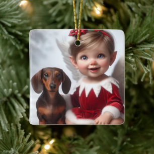 Baby Kerst Elf en Dachshund Kaart Keramisch Ornament