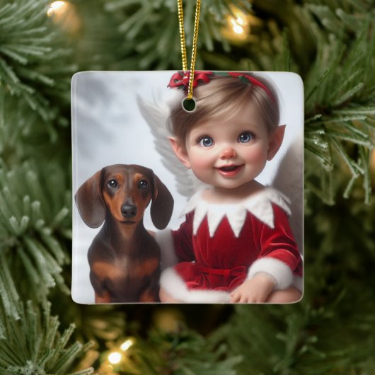 Baby Kerst Elf en Dachshund Kaart Keramisch Ornament (Boom)