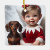 Baby Kerst Elf en Dachshund Kaart Keramisch Ornament (Voorkant)
