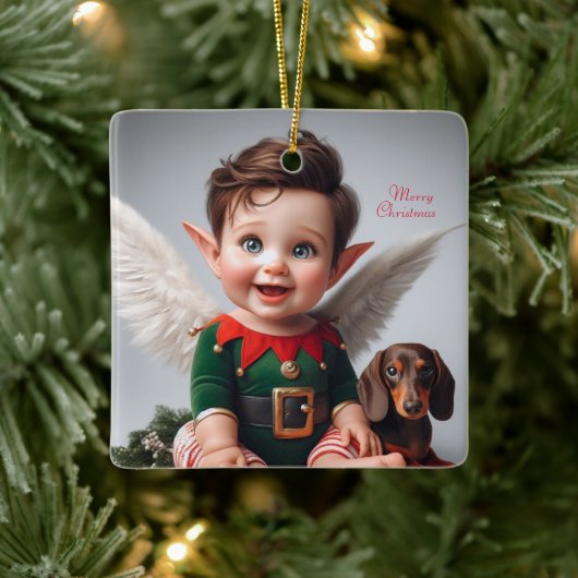 Baby Kerst Elf en Dachshund Kaart Keramisch Ornament (Boom)