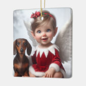 Baby Kerst Elf en Dachshund Kaart Keramisch Ornament (Links)