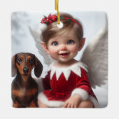Baby Kerst Elf en Dachshund Kaart Keramisch Ornament (Voorkant)