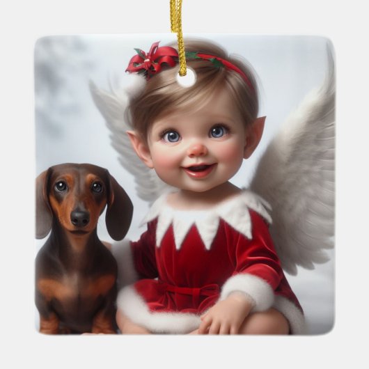 Baby Kerst Elf en Dachshund Kaart Keramisch Ornament (Voorkant)