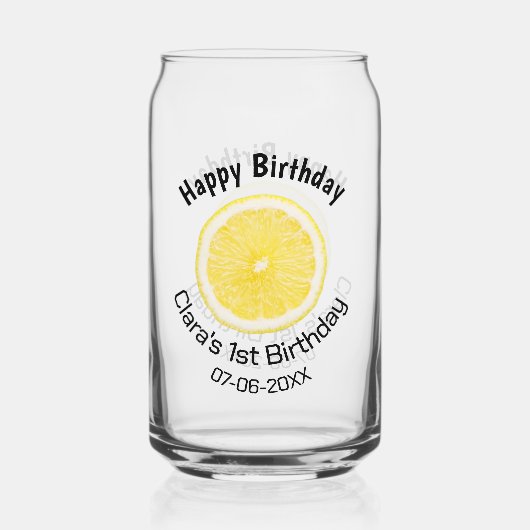 Baby kinder 1e Verjaardag Citroenschijfje Naam toe Blikvorm Glas (Voorkant)
