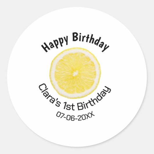 Baby kinder 1e Verjaardag Citroenschijfje Naam toe Ronde Sticker (Voorkant)