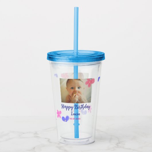 Baby kinder 1e verjaardag Naam toevoegen Datum toe Acryl Drinkbeker (Voorkant)