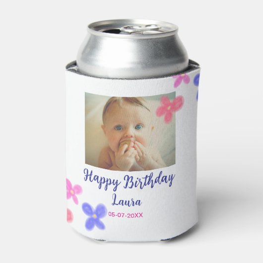 Baby kinder 1e verjaardag Naam toevoegen Datum toe Blikjeskoeler (Blikje Voorkant)