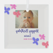 Baby kinder 1e verjaardag Naam toevoegen Datum toe Glas Ornament (Achterkant)