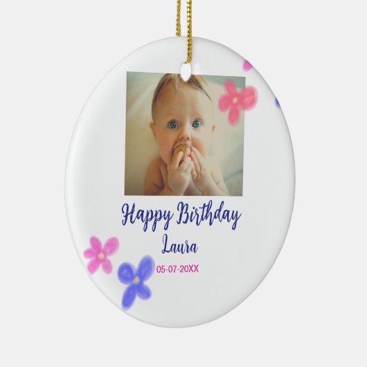 Baby kinder 1e verjaardag Naam toevoegen Datum toe Keramisch Ornament (Rechts)