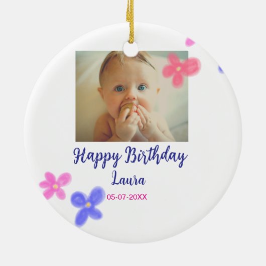 Baby kinder 1e verjaardag Naam toevoegen Datum toe Keramisch Ornament (Achterkant)