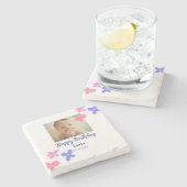 Baby kinder 1e verjaardag Naam toevoegen Datum toe Stenen Onderzetter (Zijkant)