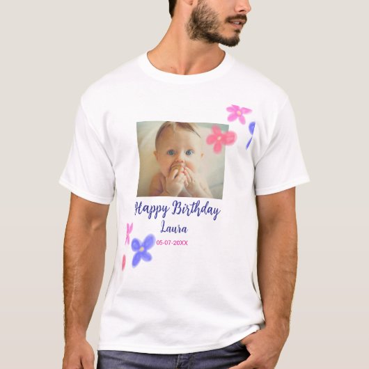 Baby kinder 1e verjaardag Naam toevoegen Datum toe T-shirt (Voorkant)