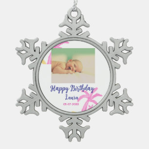 Baby kinder 1e verjaardag Naam toevoegen Datum toe Tin Sneeuwvlok Ornament