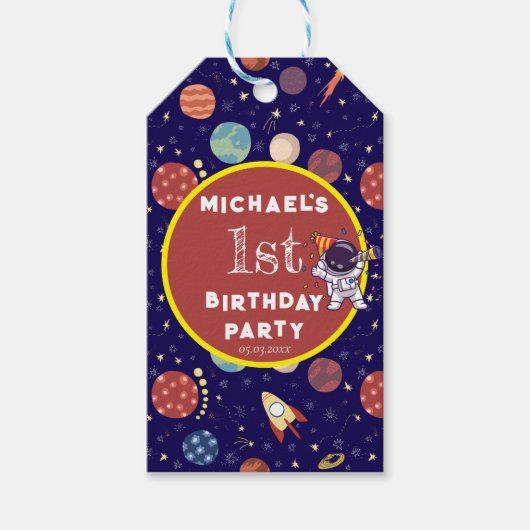 Baby Kinder Astronaut Space Elk Leeftijd Verjaarda Cadeaulabel (Voorkant)