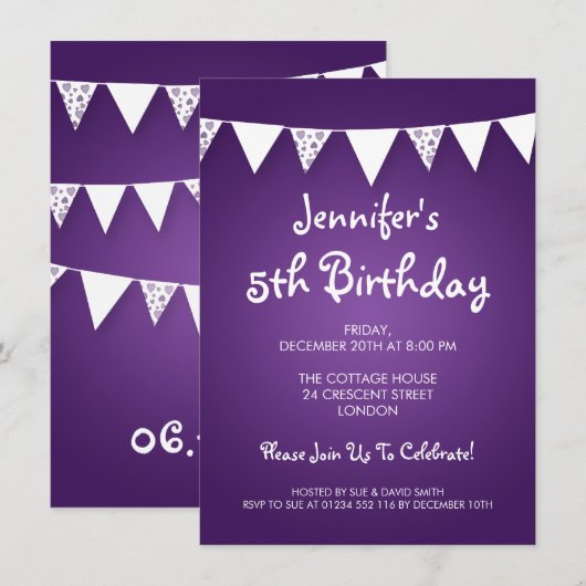 Baby/ Kinderen van Birthday Heart Bunting Paars Kaart (Voorkant / Achterkant)