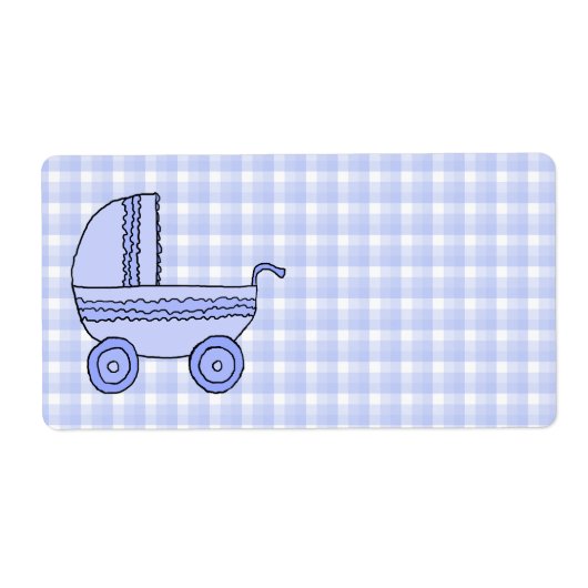 Baby kinderwagen. Lichtblauw op Check Pattern. Etiket (Voorkant)