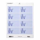 Baby kinderwagen. Lichtblauw op Check Pattern. Etiket (Full Sheet)