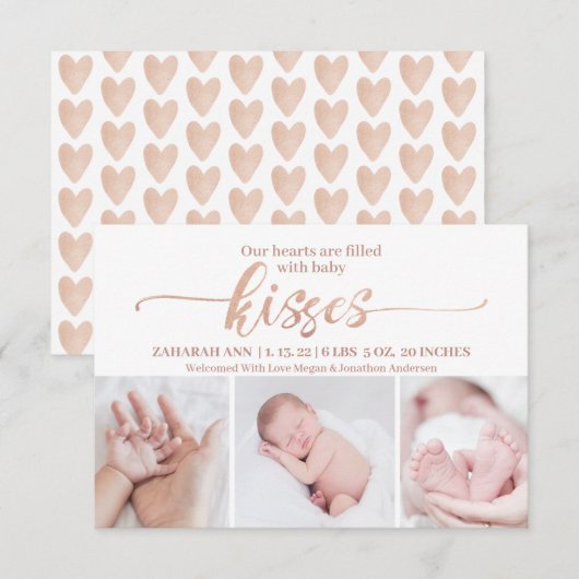 Baby Kisses Valentijn 3 Fotogeboorte Baby Aankondiging (Voorkant / Achterkant)