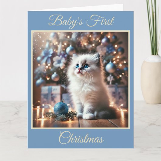 Baby Kitten's eerste kerst (blauw) Kaart (Voorkant)