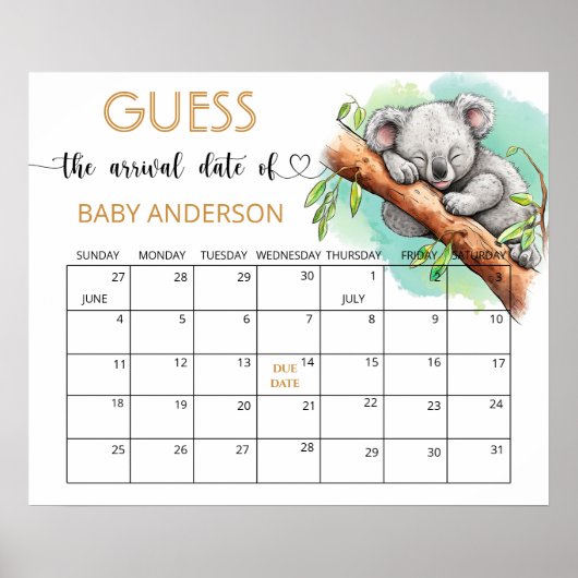 Baby Koala Baby shower Guess Due Date Kalender Poster (Voorkant)