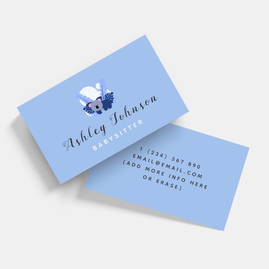 Baby Koala Babysitter Business Card Blue Tropical Visitekaartje