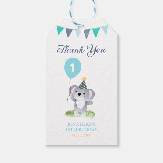 Baby Koala Balloon Party Flag Birthday Cadeaulabel (Voorkant)