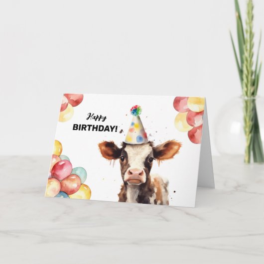 Baby Koe Ballonnen en Party Pet Boerderij Verjaard Kaart (Voorkant)