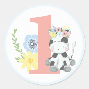 Baby Koe Bloem Nummer Een 1e Verjaardagsfeestje Ronde Sticker