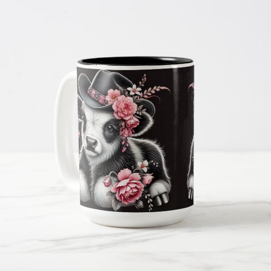 Baby Koe in een stijlvol Pet versierd met roze blo Tweekleurige Koffiemok (Voorkant links)