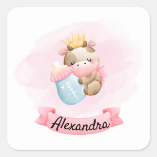Baby Koe in roze en kroon Vierkante Sticker