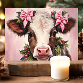 Baby Koe met Pink Bows Christmas Feestdagen Kaart