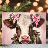 Baby Koe met Pink Bows Christmas Feestdagen Kaart