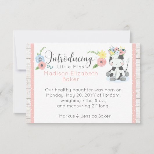 Baby Koe Rustieke Bloemen Baby Geboorte Aankondigi Aankondiging (Voorkant)