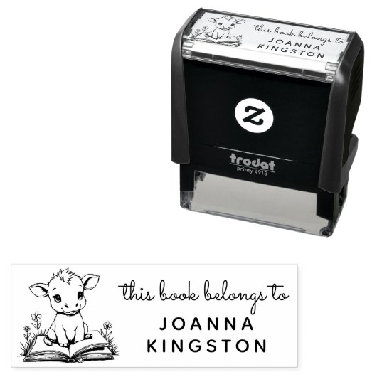 Baby Koe Storybook Ex Libris Stamp Zelfinktende Stempel (In situ)