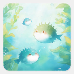 Baby Kogelvis in Onderwater Groen Kelpbos Vierkante Sticker