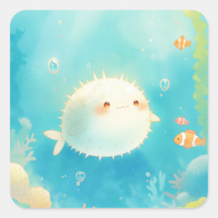 Baby Kogelvis Zwemt in Zonnig Koraalrif Vierkante Sticker