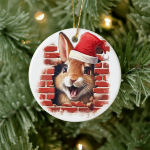 Baby Konijn in Santa Hat - 3D Keramisch Ornament