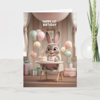 Baby Konijn in Stoel met Ballonnen 1e Verjaardag Kaart