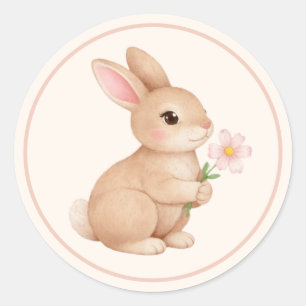 Baby Konijn met Roze Bloem  Ronde Sticker