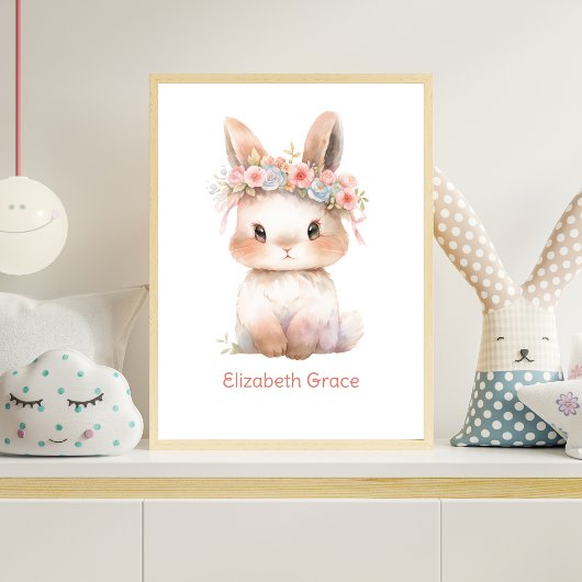 Baby Konijn Roze Bloemstuk Monogram Kinderkamer Mu Poster