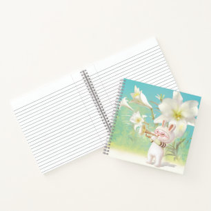 Baby Konijn Trompetspeler met Vogel in Lelie Tuin Notitieboek
