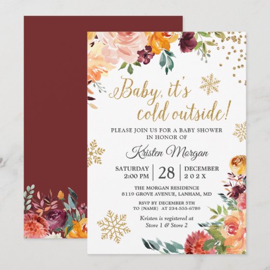 Baby Koud buiten Burgundy Floral Baby shower Kaart (Voorkant / Achterkant)