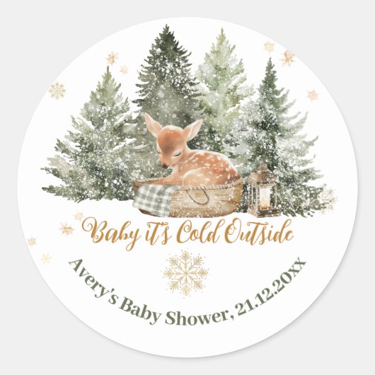 Baby koud buiten Rustic Deer Winter Baby shower Ronde Sticker (Voorkant)