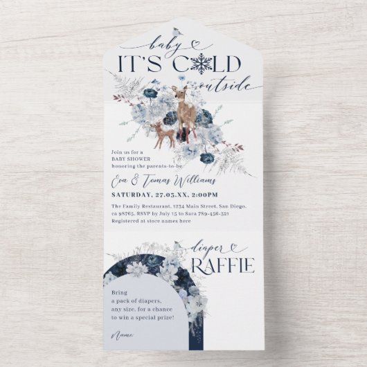 Baby koud buiten Winter Bloemen Herten Baby shower All In One Uitnodiging (Binnen)