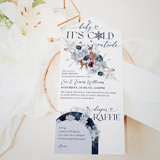 Baby koud buiten Winter Bloemen Herten Baby shower All In One Uitnodiging