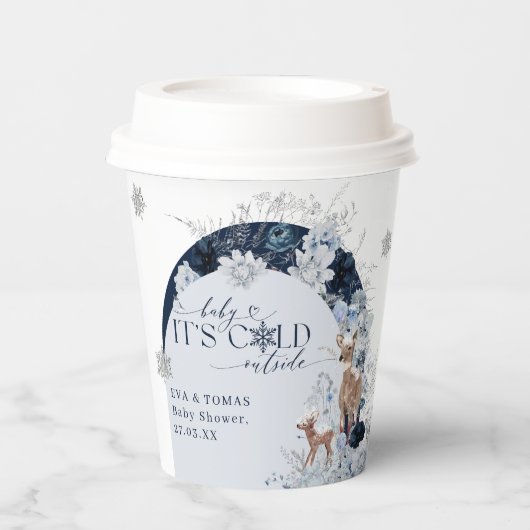 Baby koud buiten Winter Bloemen Herten Baby shower Papieren Bekers (Voorkant)