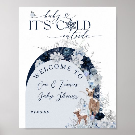 Baby koud buiten Winter Bloemen Herten Baby shower Poster (Voorkant)