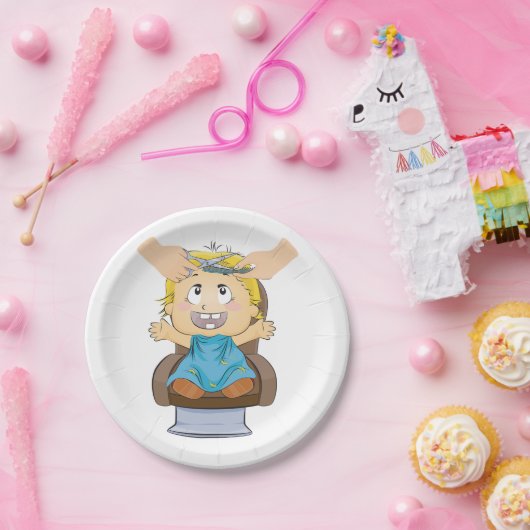 Baby krijgt kapsel Grappige Kinder kapperszaak Papieren Bordje (Feest)