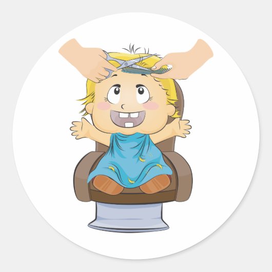 Baby krijgt kapsel Grappige Kinder kapperszaak Ronde Sticker (Voorkant)